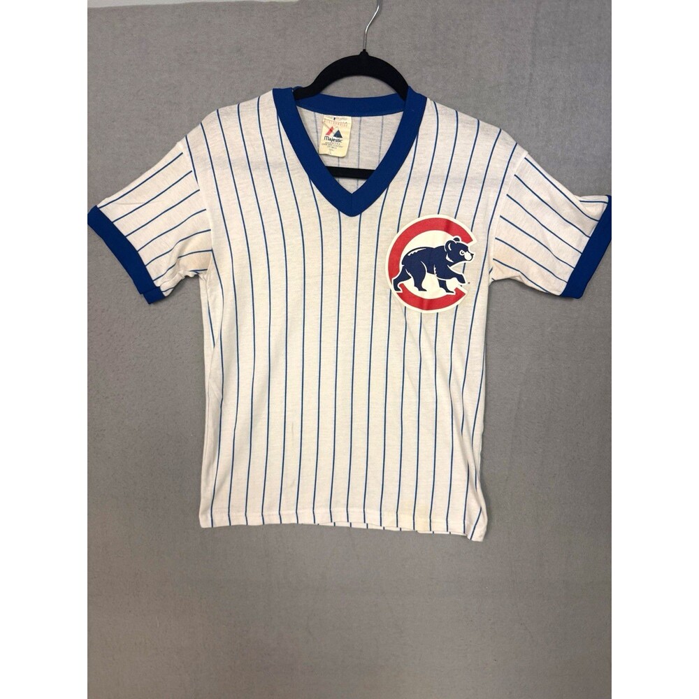 Vintage 90s Majestic Chicago Cubs Pinstripe V-Neck Shirt -Size Large Made in USA